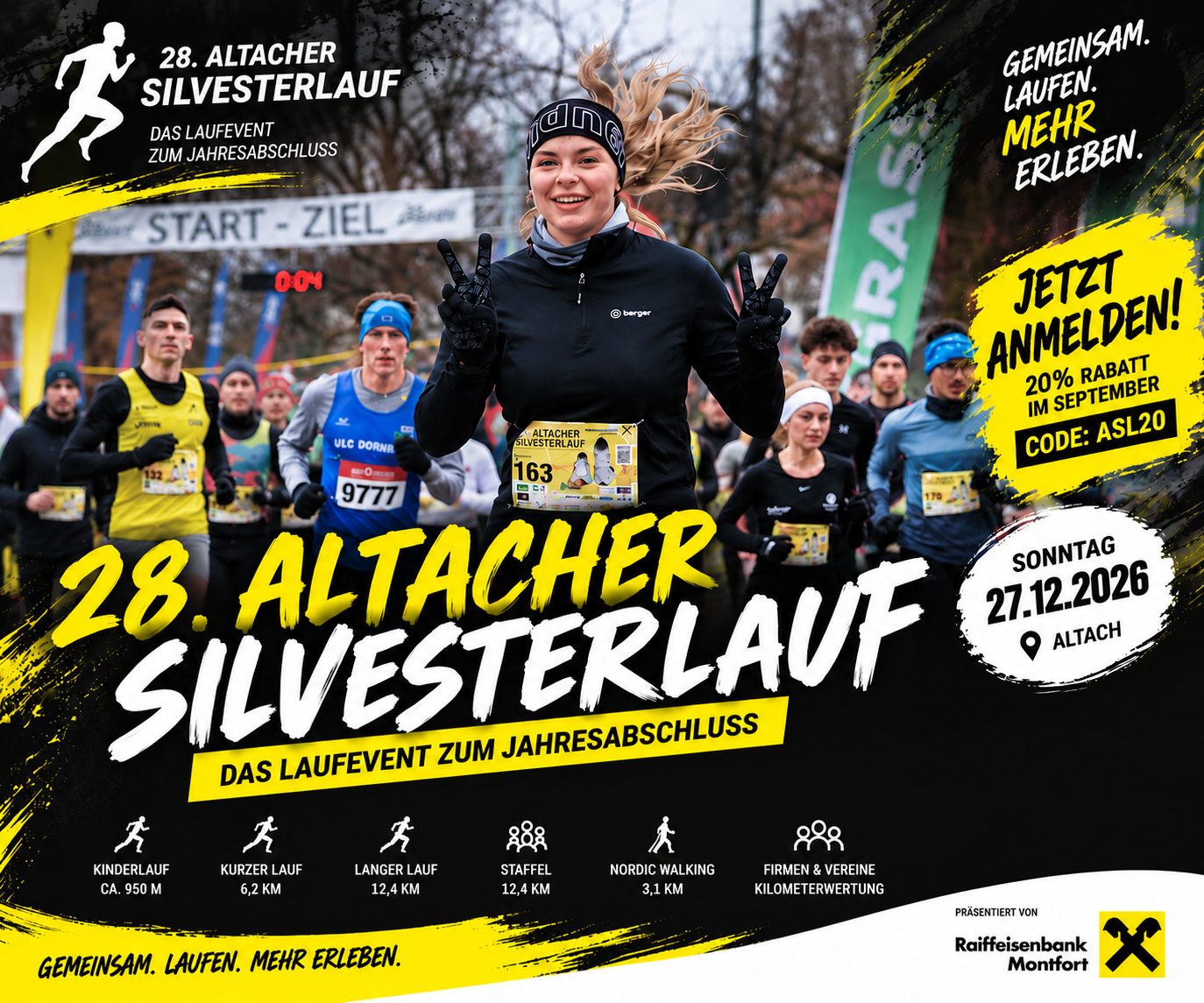 Plakat für den 28. Altacher Silvesterlauf mit Teilnehmern, die an dem Laufereignis teilnehmen, inklusive Informationen zu Anmeldungen und Laufdistanzen.