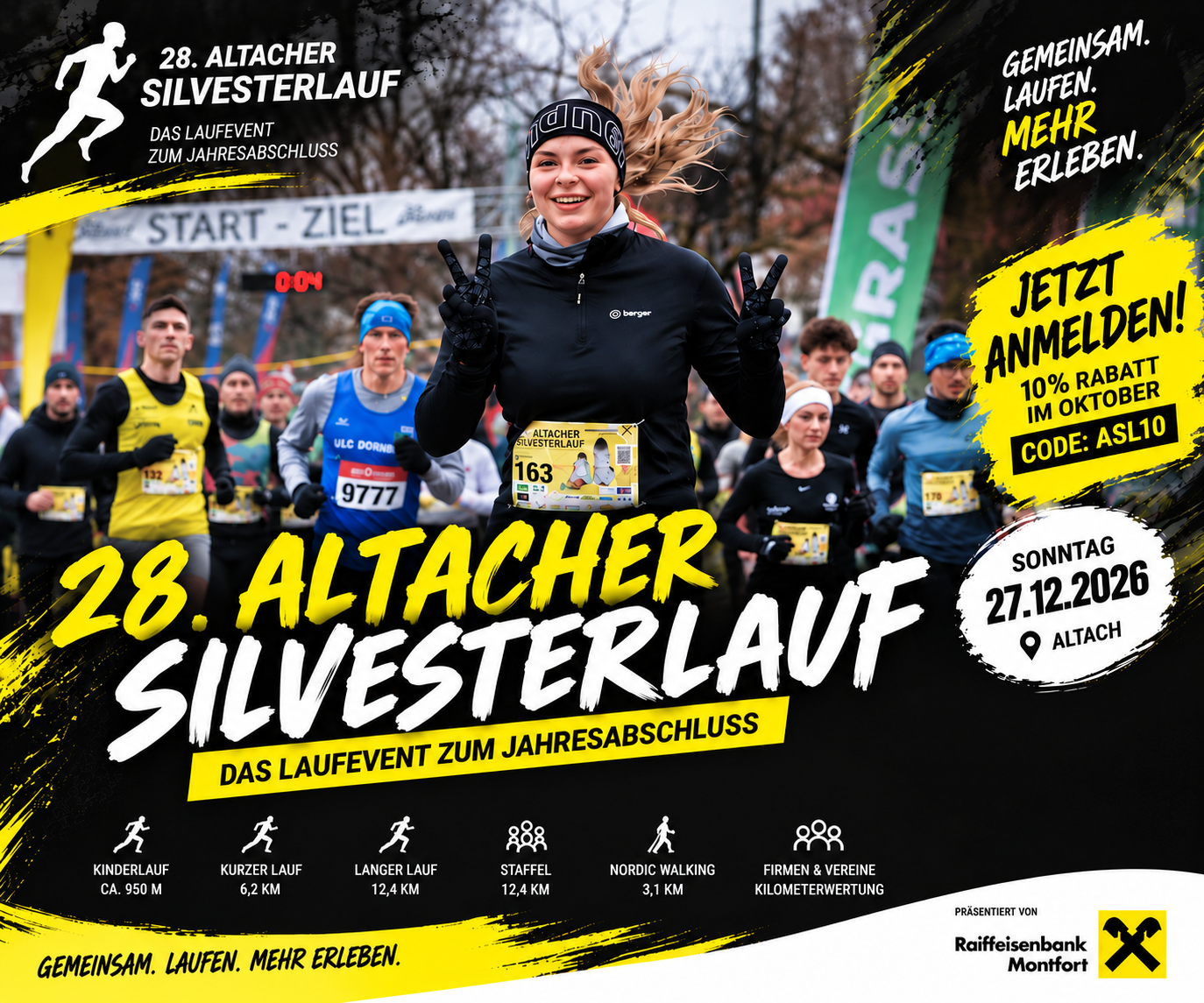 Plakat für den 28. Altacher Silvesterlauf mit Teilnehmern am Start, fröhliche Läuferin im Vordergrund, Informationen zu verschiedenen Laufkategorien und Anmeldedaten.